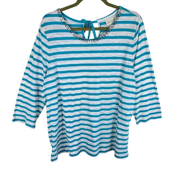 Chico's Blue White Striped Beaded 3/4 Sleeve Lightweight Cotton Modal Blouse XL - Picture 1 of 6